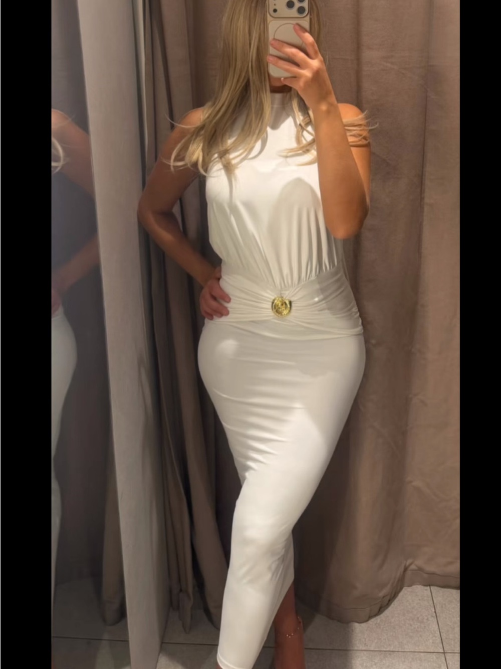 Zara White Sleeveless Maxi Dress with Gold Buckle